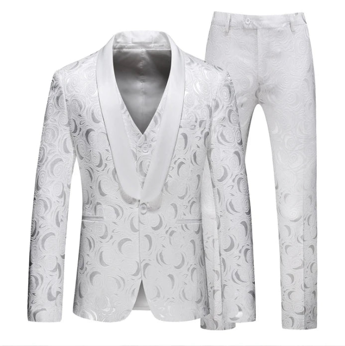 M-7XL Mens White Floral One Button Suits Party Wedding Groom Tuxedos Groomsmen 3pcs Suit Male Costume Mariage Homme
