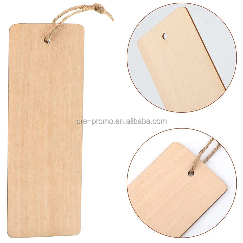 Wholesale Custom DIY Rectangular Christmas Craft Wood Paper Clip Bookmark with String (10pcs)