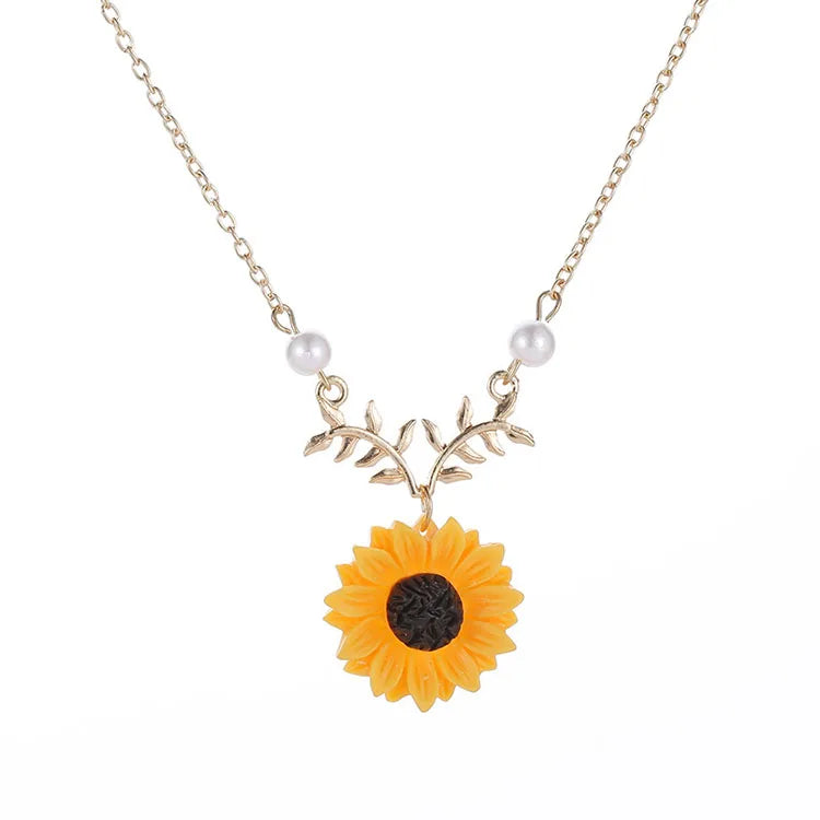 Minimalist Delicate Sunflower Pendant Necklaces Jewelry Women Leaf Pearl Sunflower Necklace
