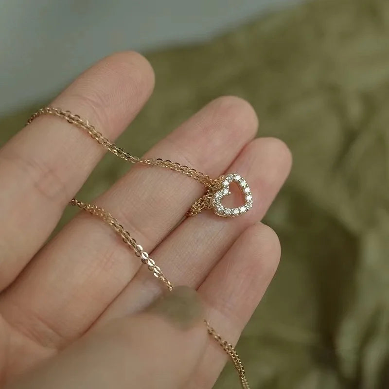 Zircon Hollow Out Women 14k Gold Dainty Jewelry 925 Sterling Silver Heart Pendant Necklace