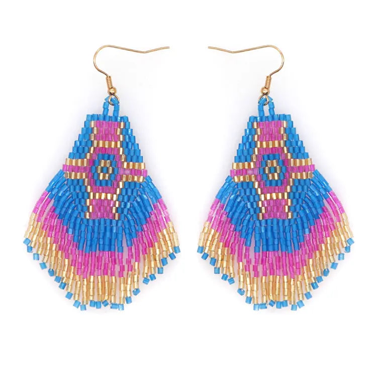 SC Rainbow Color Boho Earrings Ethnic African Bride Tassel Earrings Handmade Braided Geometric Tassel Beaded Earrings for Women