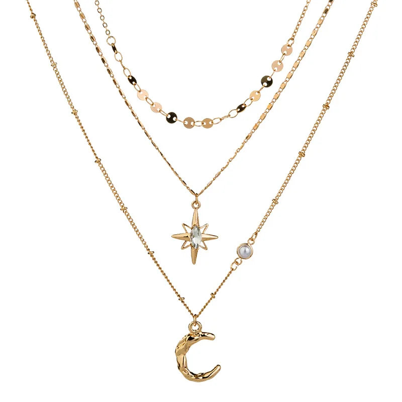 Gold Layered Solar Choker Necklace Delicate Moon Pendant Star Crystal Fashion Jewelry Necklace for Women Girls (Gold)