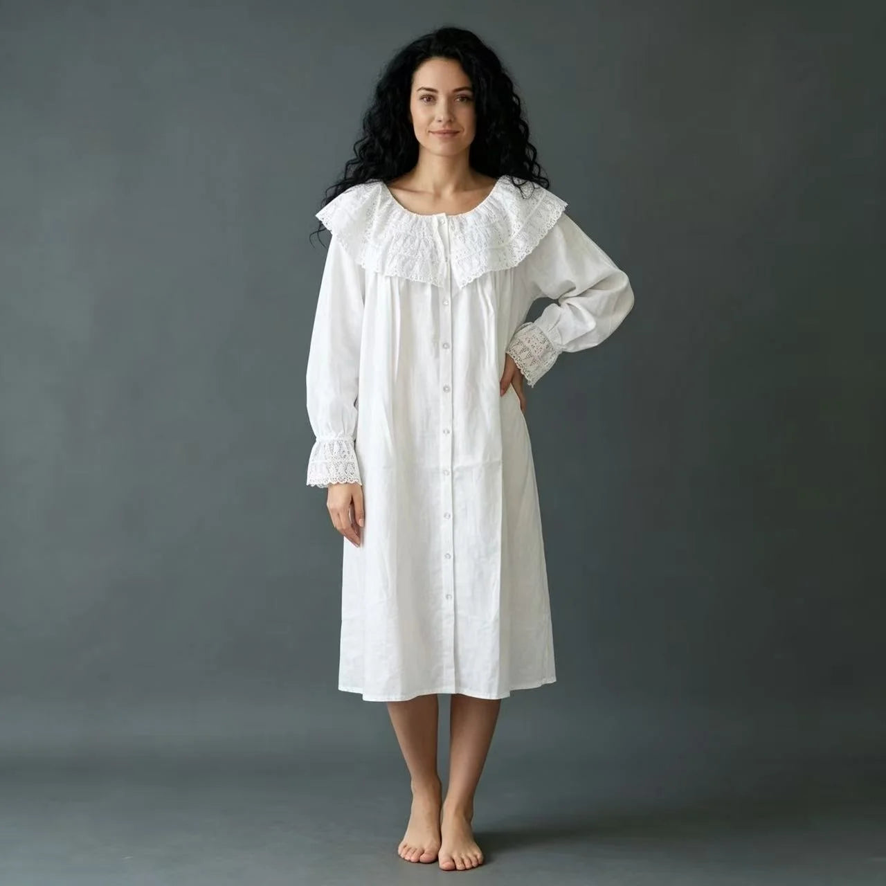 LADIES WHITE COTTON LACE TRIMMED NIGHTDRESS SLEEPWEAR