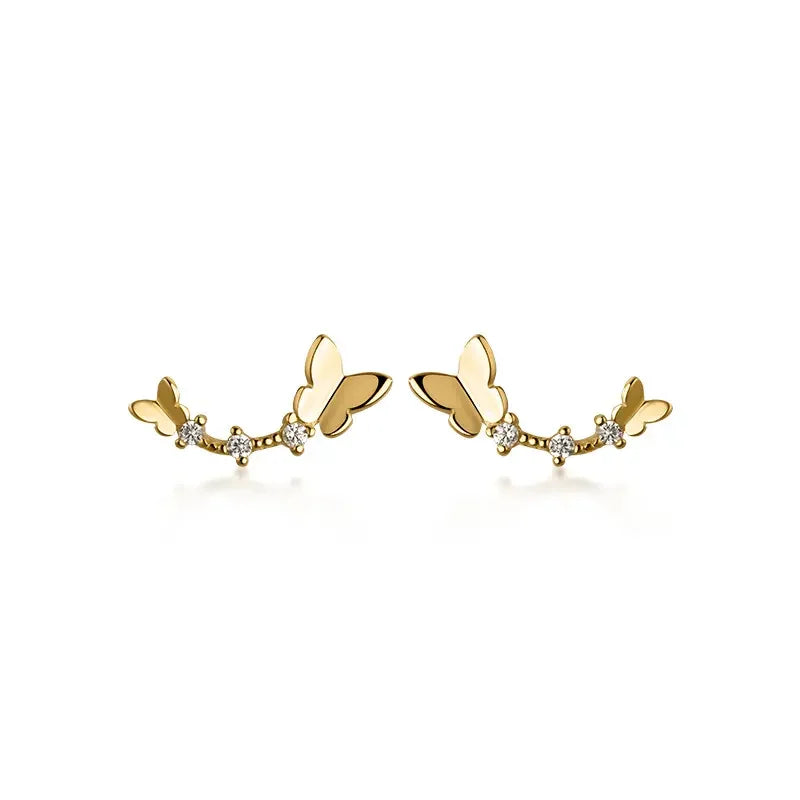 Unique 925 Sterling Silver Cute Butterfly Stud Earrings with Zircon Gold Plating for Women Girls Wedding & Party Fashion Jewelry