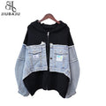 Women Denim Knit Stitching Jacket Autumn New 2023 Female Zipper Hooded Long Sleeve Coat