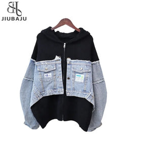 Women Denim Knit Stitching Jacket Autumn New 2023 Female Zipper Hooded Long Sleeve Coat