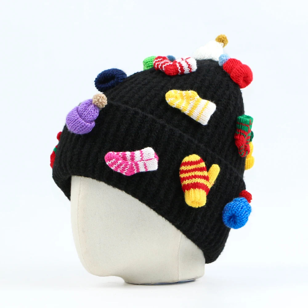 New Christmas DIY Winter Hats Black Knitted Hat With Lovely Decoration Christmas Beanies Warm Designer Beanies
