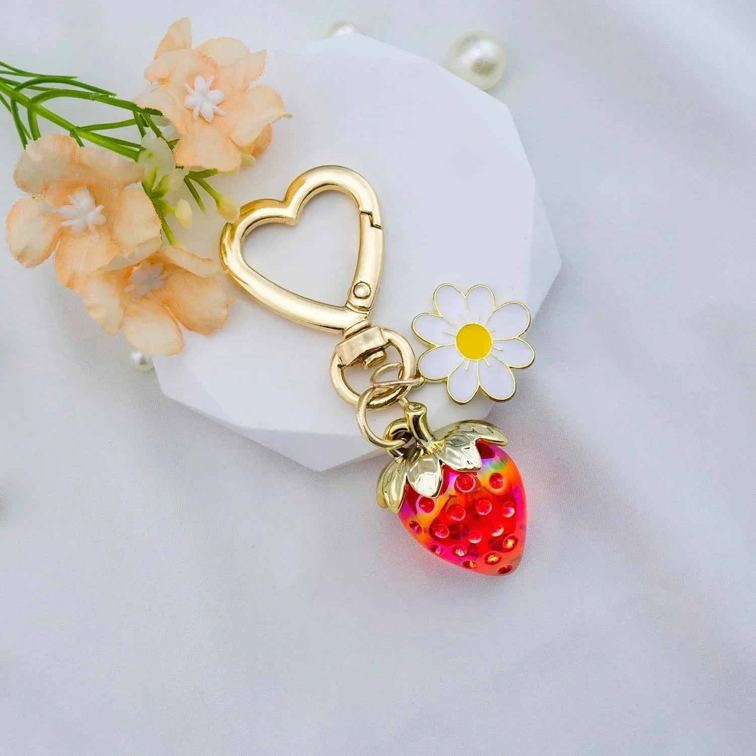 Creative Cute Strawberry Heart Pendant Keychain Rechargeable Alloy Key Bag Car Decorative Gift Doll Personalized Decoration