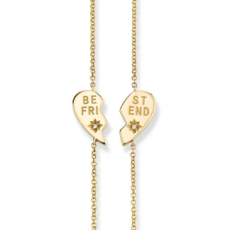 14/18K Gold Plated Vermeil 925 Sterling Silver CZ BBF Splitted Love Heart Best Friend Charm Bracelet Jewelry for 2 Girl Women