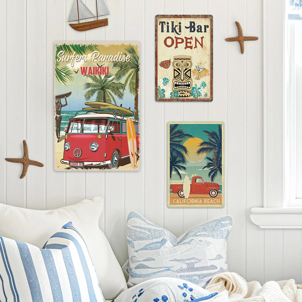 Putuo Decor Beach Vintage Tin Sign Tiki Bar Retro Metal Poster Sign Seaside Decoration