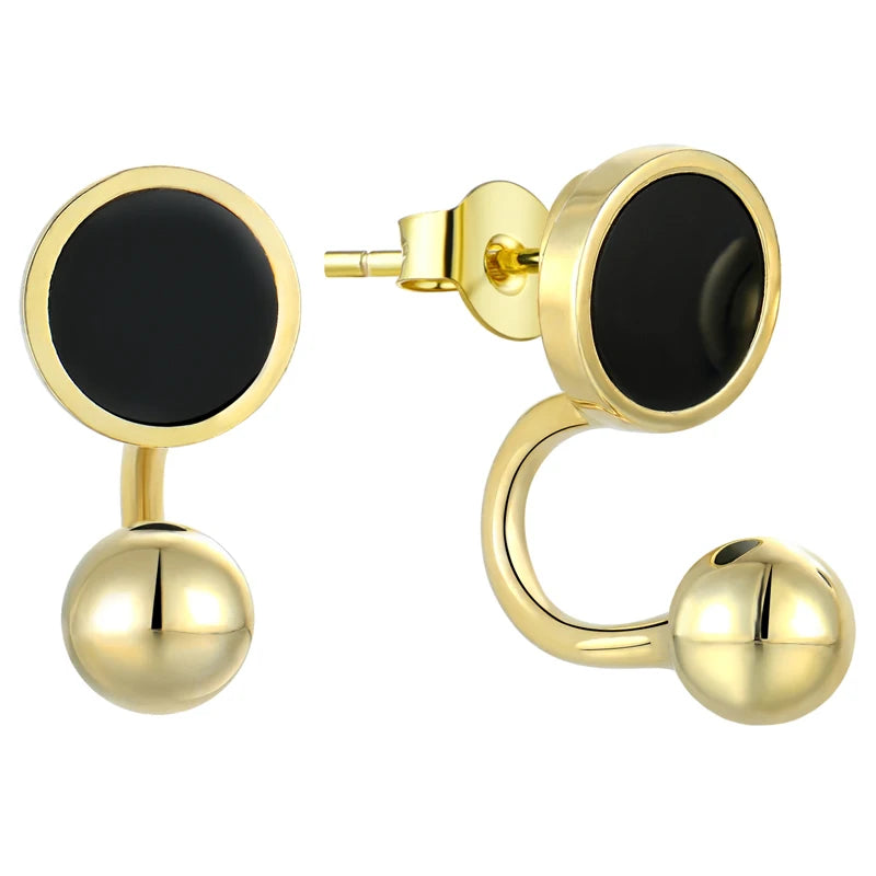 Gold Plated Black Onyx Circle Stud Earrings 925 Sterling Silver Ball Backs Minimalist Jewelry Design Stud Earrings for Women