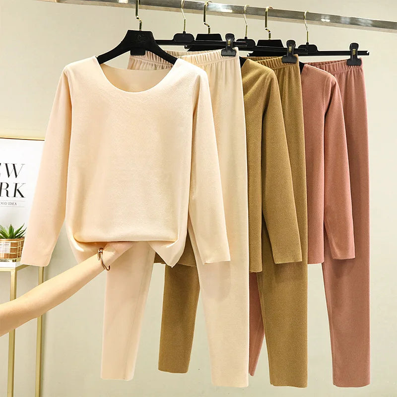 M-2XL Winter Seamless Thermal Women's Underwear Set Double-sided Brushed Long-sleeved Tops and Trousers Two-piece Set