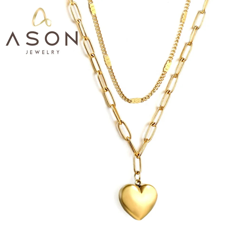 Ason Minimalist Dainty 18k Gold Plated Double Layer Love Heart Pendant Necklace Gold Layered Heart Necklace for Women