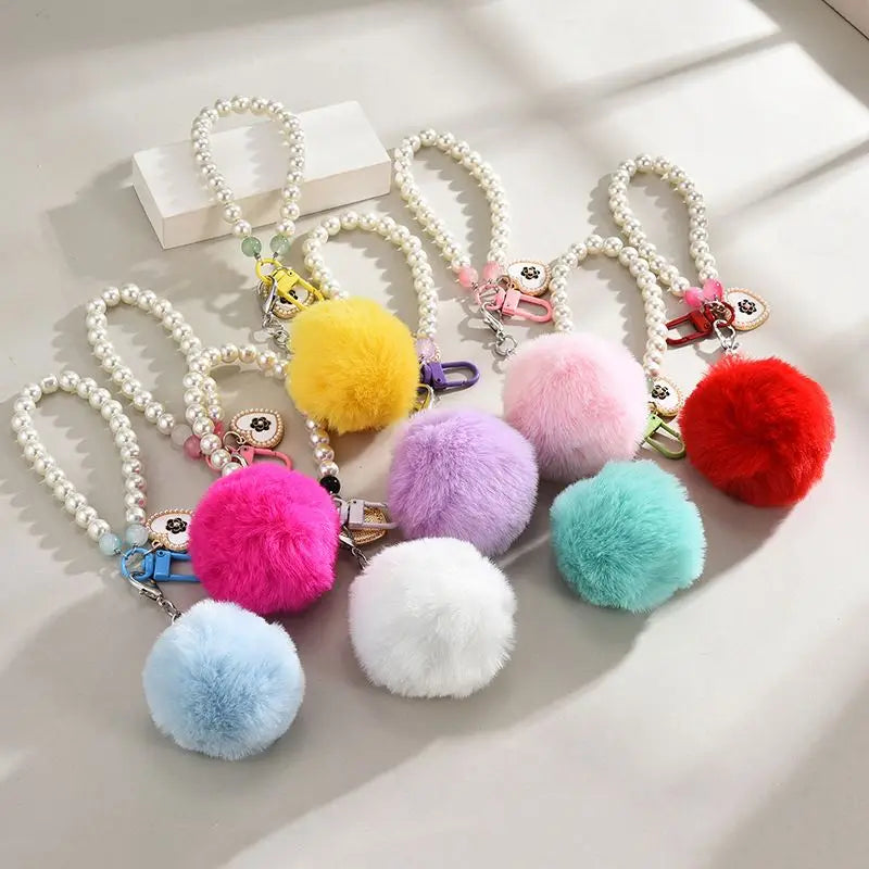 Car Women HandBag Faux Fur Pom Pom Key Chain Fashion Pearl Chain Heart Shape Pompom Keychain Fluffy Puff Ball Keychains Jewelry