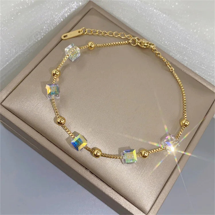 Wholesale No Fade New Women Crystal Titanium Steel 18k Gold Plated Luxury Candy Colored Bracelets