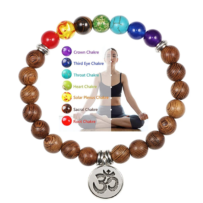 7 Chakra Trendy Wooden Bead Buddha Prayer Healing Balance Yoga Charm Bracelets Lava Stone Natural Unisex Anniversary Gift