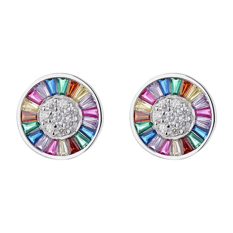 Sterling Silver 925 Flower Stud Earrings with Multi Colors Stones Fashion Earrings Jewelry for Women