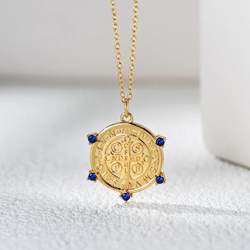 Religious Zircon Medals Jewelry 925 Silver Personalized Double Sides Engraved Design Gold Plating Saint Benedict Wedding Pendant