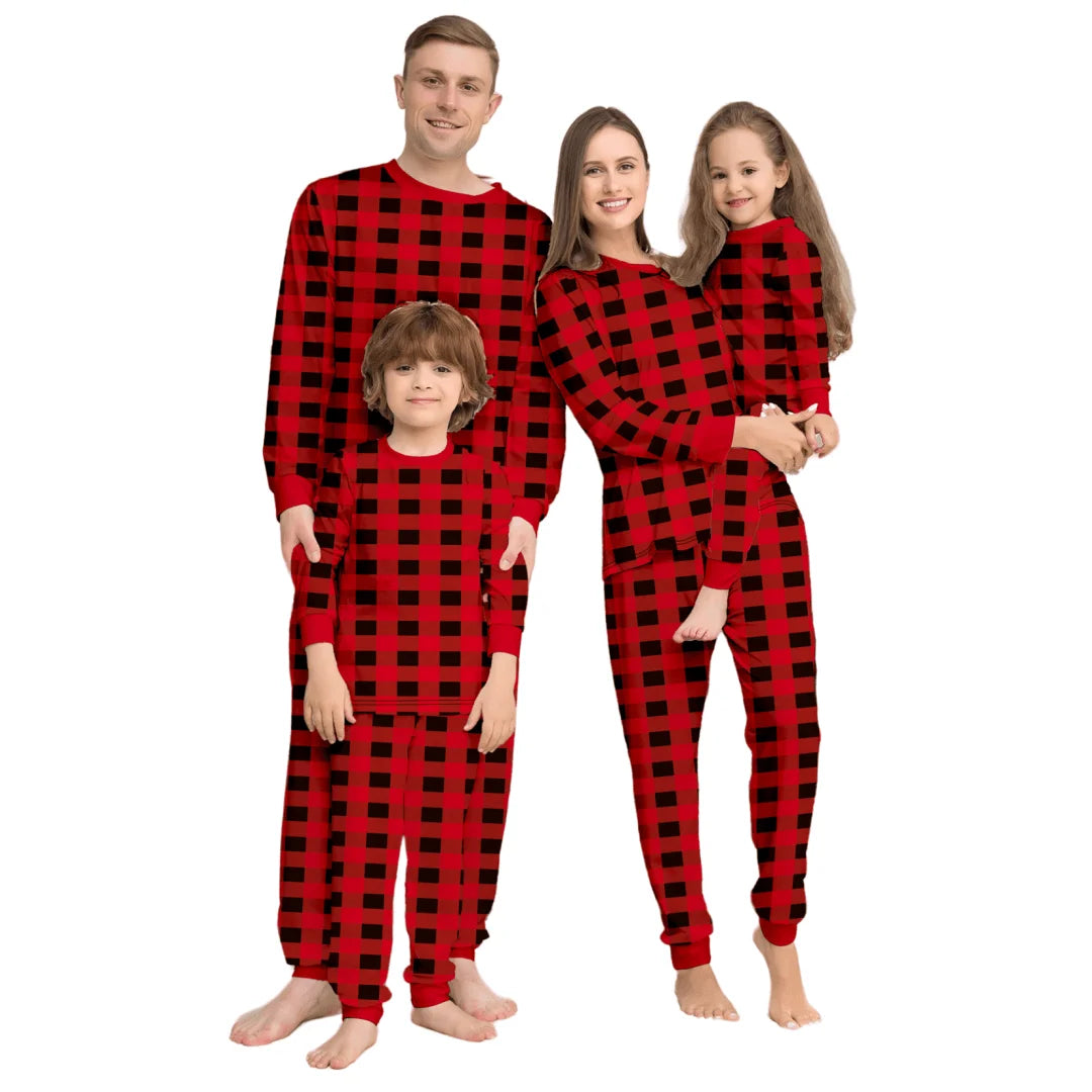Clothes Set Xmas Party Green Plaid Cotton Matching Christmas Pajamas for Family Women Digital Printing Round Neck Knitted 2 Sets