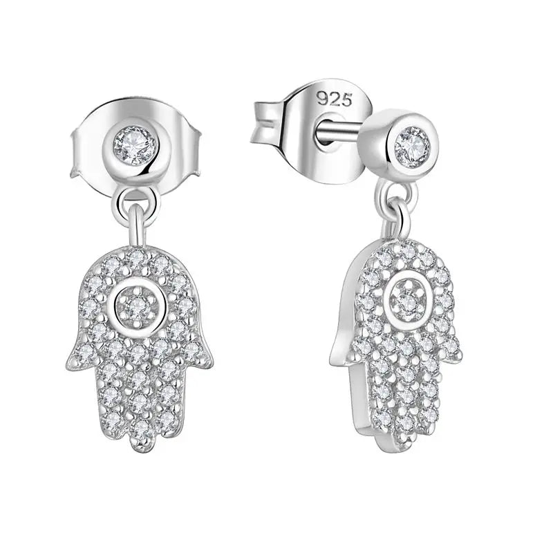 Wholesale Jewelry Silver Plated Zircon Hamsa Jewelry 925 Silver Sterling Fatima Hand Evil Eyes Dangle Earrings