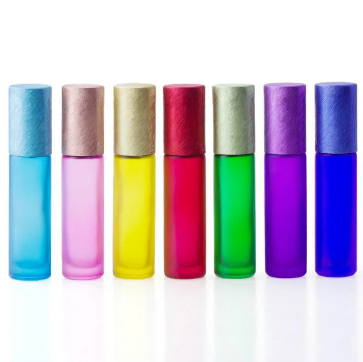 In Stock 5ml 10ml Matte pink Purple Yellow Green Blue Red Glass Roll on Bottle With Rose Gold Aluminium Cap