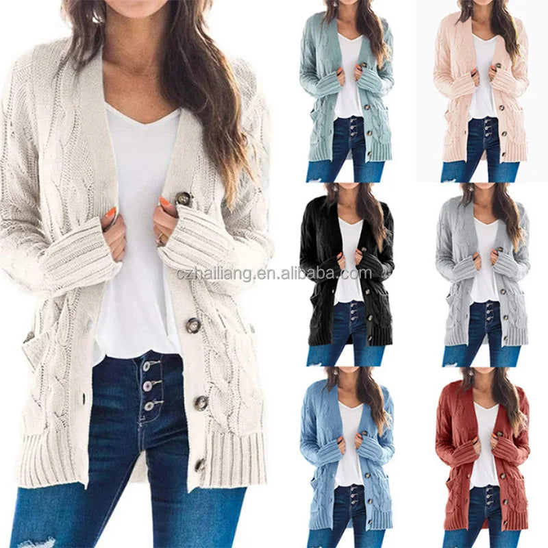 Fall Winter Clothes for Women Casual Loose Cardigan Coat Solid Color Twist Button Cardigan Sweater Women