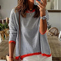 Women's Casual Winter Warm Knitted Fleece Sweater Striped Design with Front Logo Position