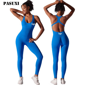 PASUXI OEM Custom Logo Women Solid Halter Sport Active Wear Gym Workout Romper Bodycon Activewear One Piece Yoga Jumpsuit