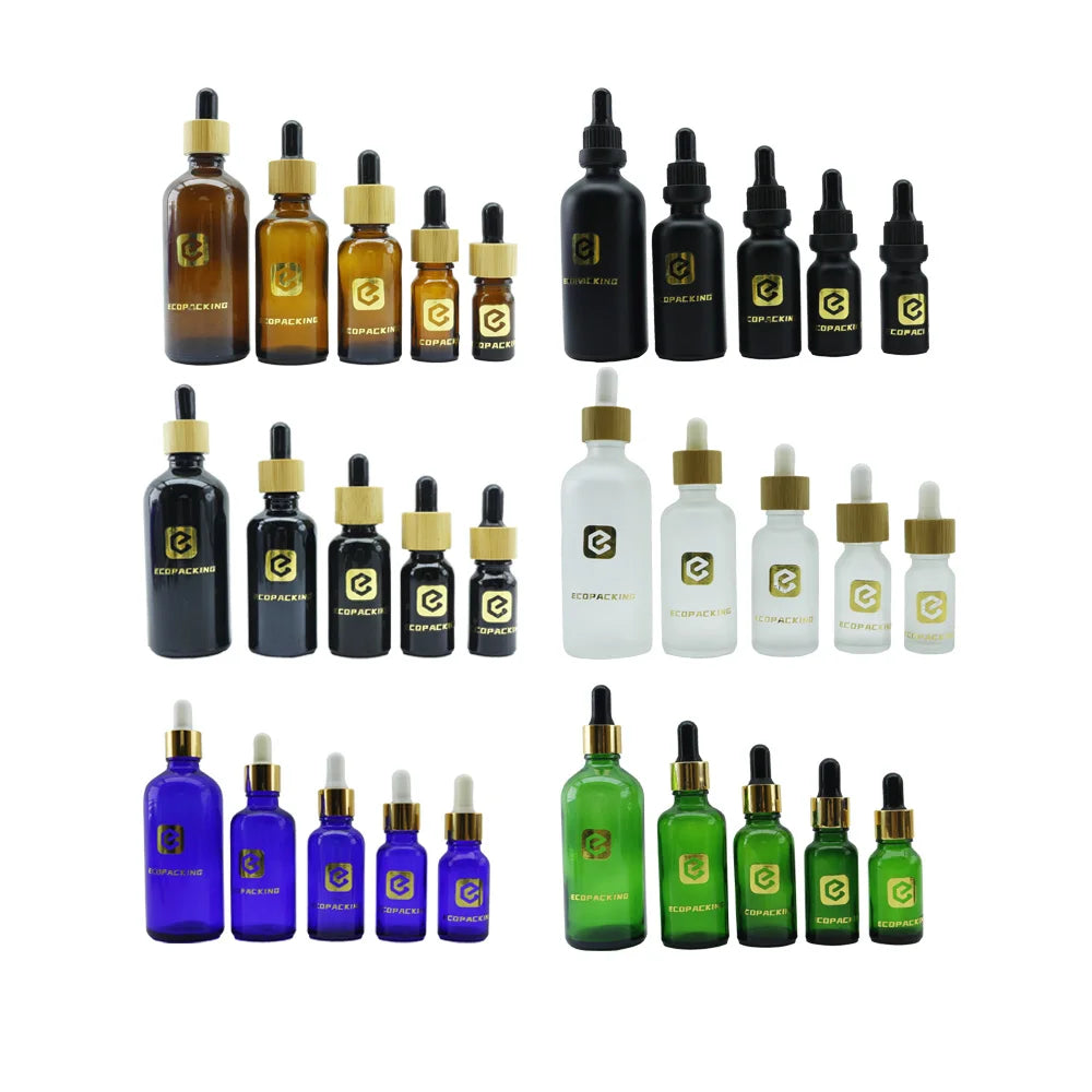 Cosmetic 5ml 10ml 15ml 20ml 30ml 50ml Blue Green Amber clear Black Frosted Glass Essential Oil Dropper Bottle Carton Wholesale