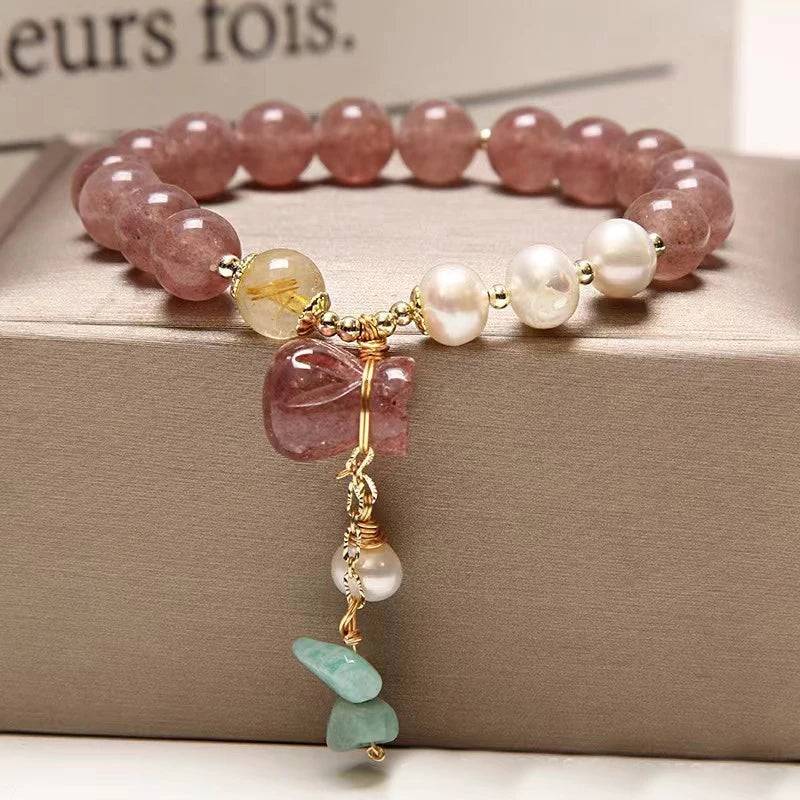 Exquisite Women Feng Shui Natural Crystal Green Jade Bead Strawberry Quartz Lucky Fortune Money Bag Bracelet for Women Girls