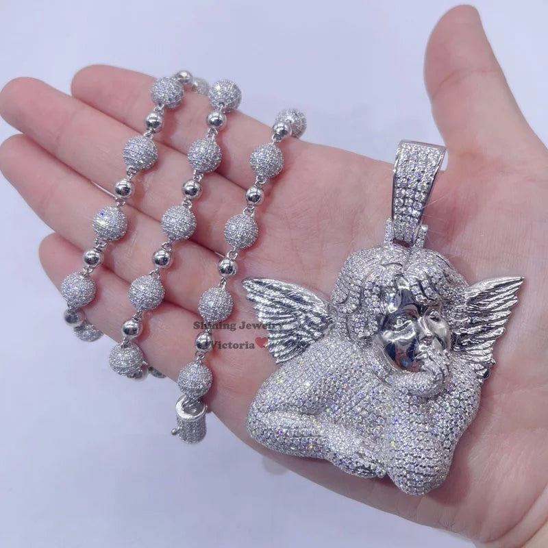 14k White Gold Plated Sterling Silver 925 Hip Hop Diamond Pave Moissanite Iced Out Angel Pendant