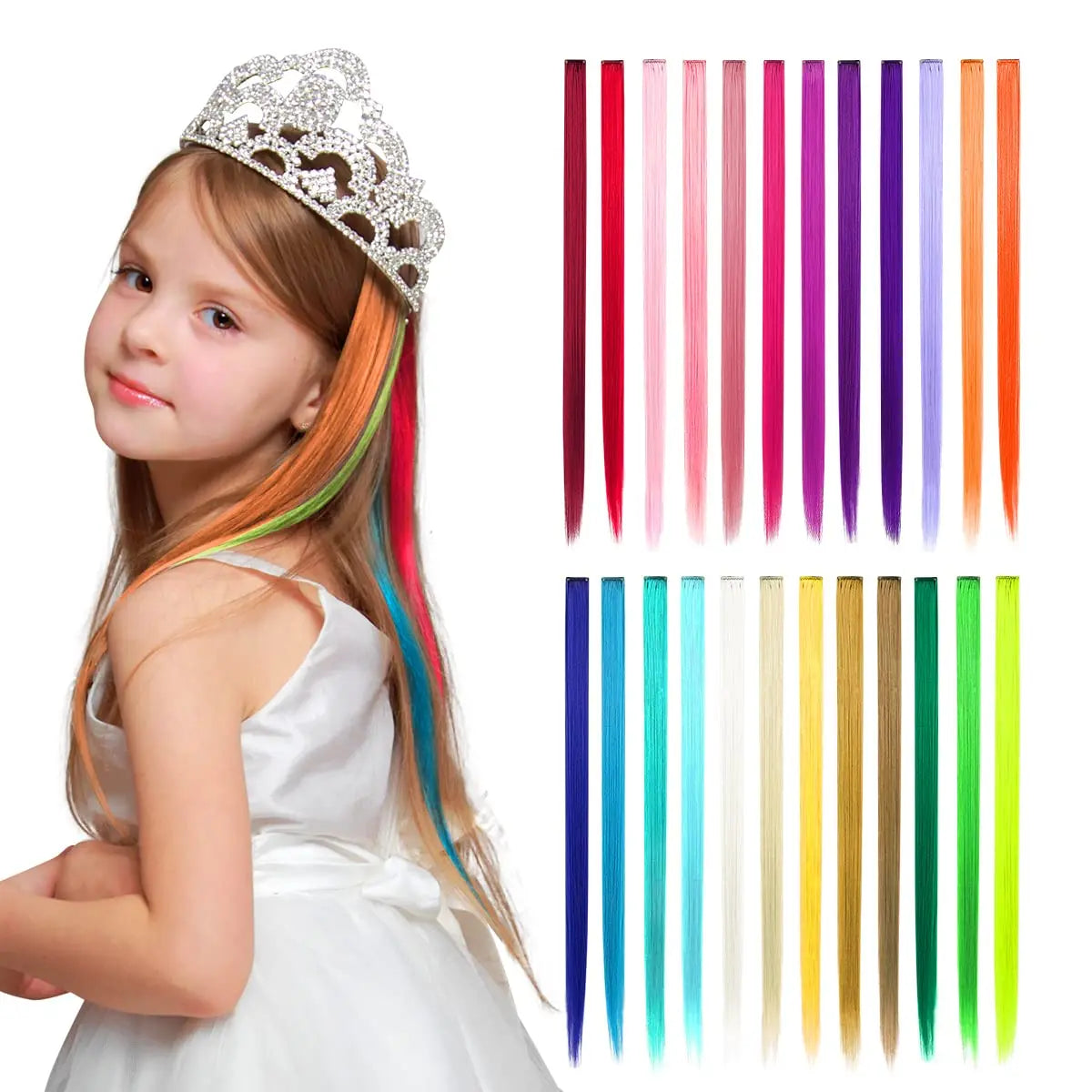 FUJIA Clip in Hair Extensions for Kids Colored Hair Extensions for Girls Rainbow Hair Extensions 24 Pieces