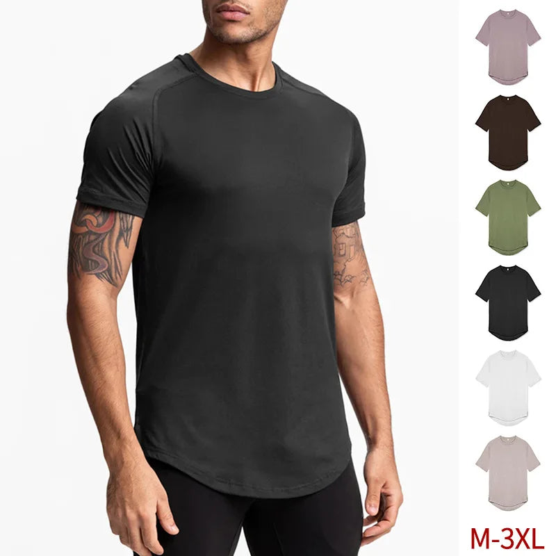 Men Fitness Short Sleeve Shirts 100% Polyester Crew Neck Tops Quick-Dry Breathable Raglan Sports Shirt