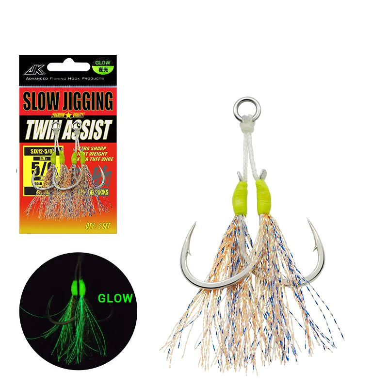 JK SJX 4X Luminous Tinsel Fishing Hooks 5/0 6/0 Fishhooks Fishing Tackle Slow Jigging Assist Hook