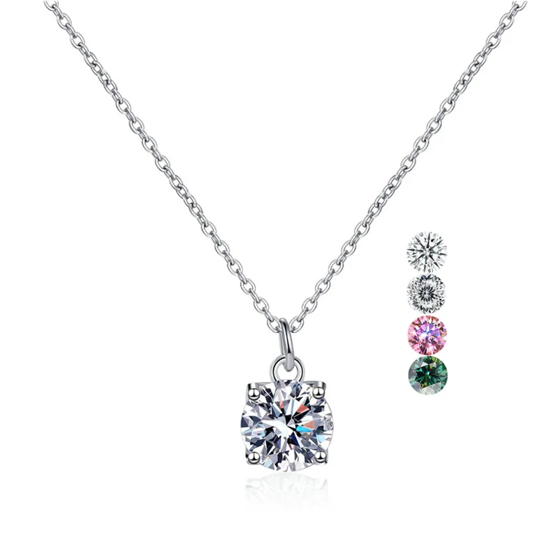 Colorful Classic 925 Sterling Silver Round Brilliant 1ct 6.5mm Moissanite Diamond Pendant Necklace for Women Girls