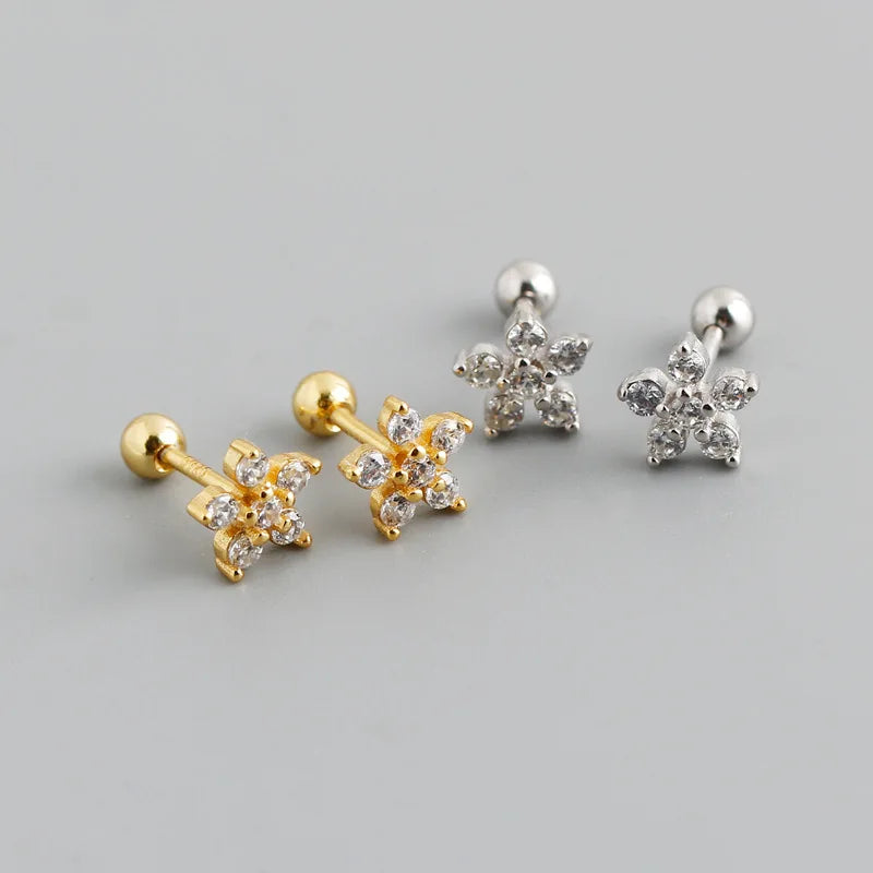 Classic Cute Design 925 Sterling Silver Zircon Flower Screw Stud Earrings S925 Girl Women