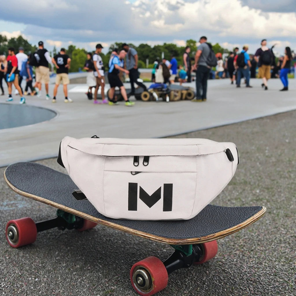 Hip Hop Large Adult Unisex Waterproof Zipper Canvas Waist Bag Teenager Outdoor Black White Fanny Pack
