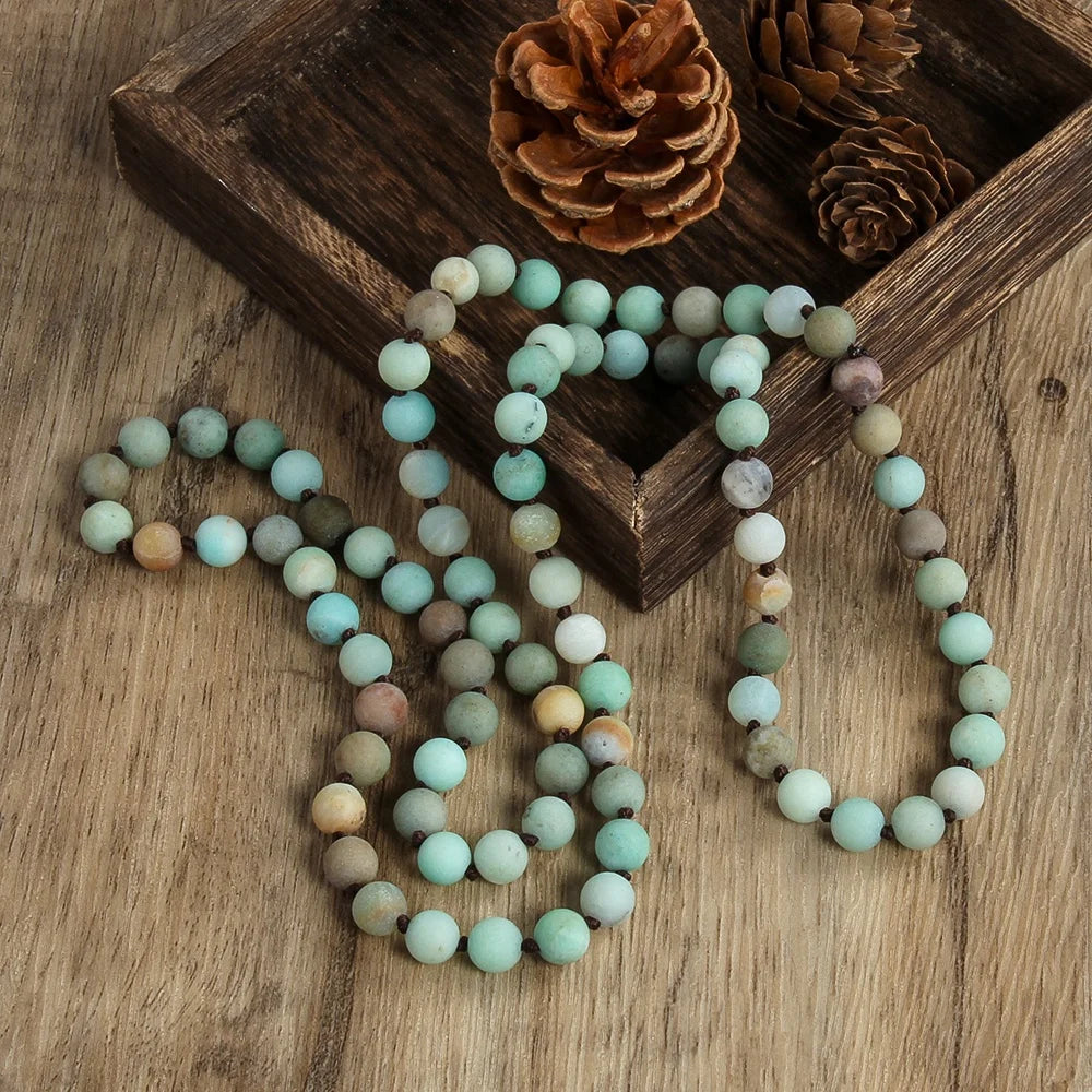 Wholesale Women's Accessories Custom Jewelry  8mm Frosted Natural Matt Gemstone tiger Eye White Howlite Beaded Knot Necklace