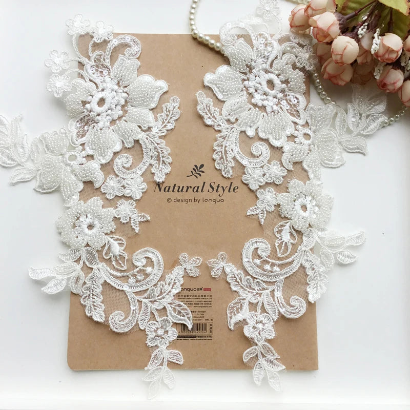 Handmade Luxury Embroidered French Tulle Lace Beaded Pair Flower High Set Multicolor 100% Polyester 30x15.5cm Width Traditional