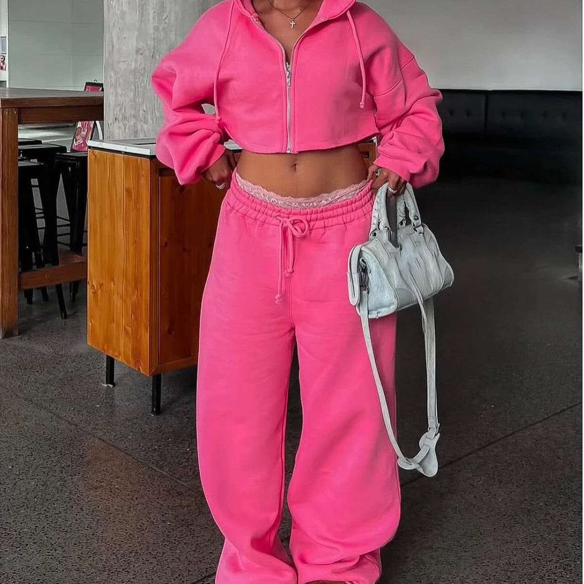 Wholesale OEM Custom French Terry Zip Velvet Casual Sets 2Pcs Crew Neck Sweatshirt and Pant Women 2 Piece Jogger Set