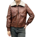 Vintage Real Sheep Fur Collar Short Leather Coat Genuine Leather Jacket Motorcycle Women