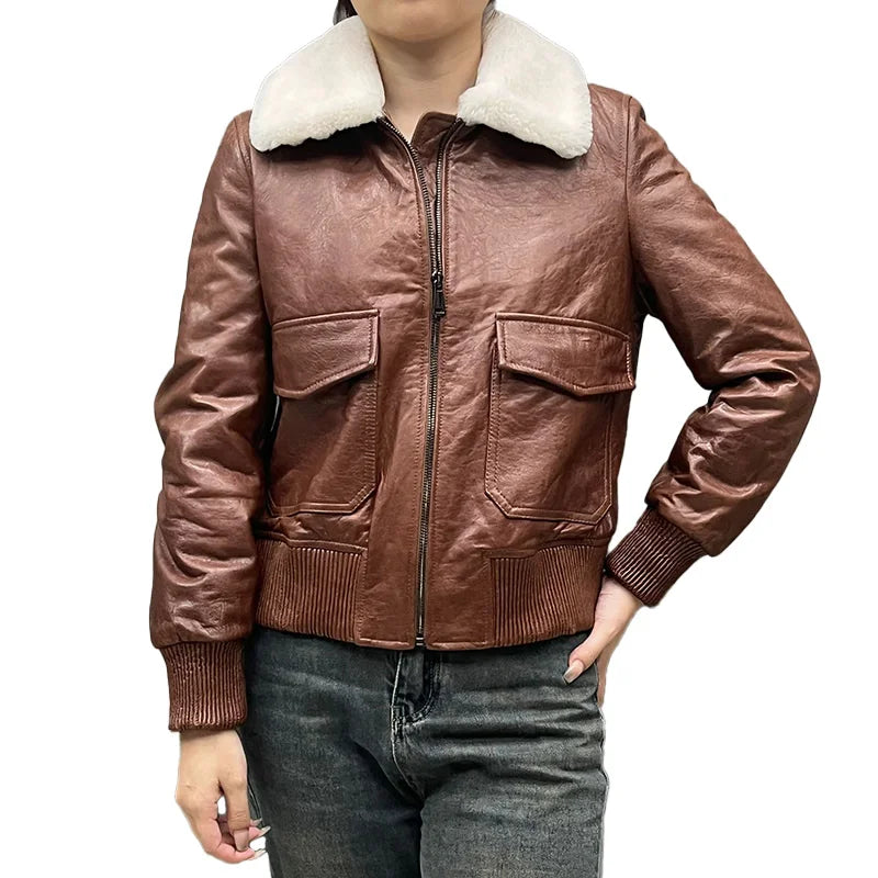 Vintage Real Sheep Fur Collar Short Leather Coat Genuine Leather Jacket Motorcycle Women