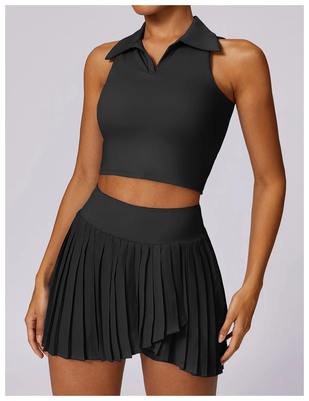 Best Casual Solid Colors Tank Top Pleated Mini Skirt Pants Two Piece Women's Sportswear Set
