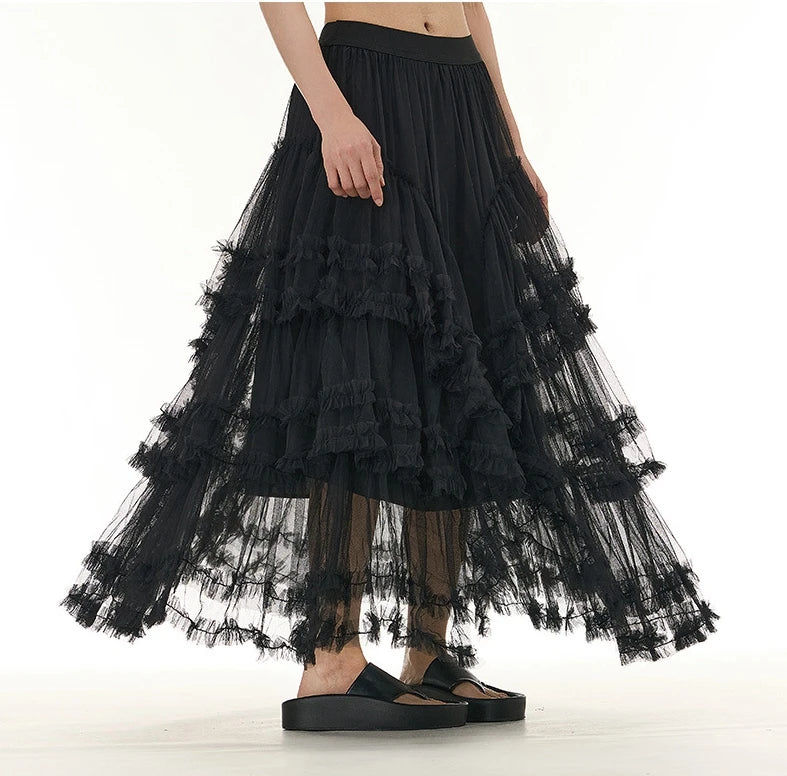 Women Summer Fashionable High Waist Super A-line Ruffle Mesh Calf-Length Casual Tutu Long Skirts
