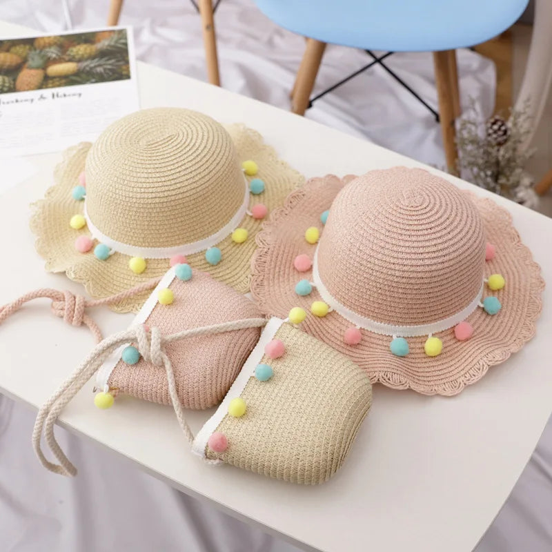 Summer Babygirl Straw Hats Tassel Pompom Princess Hat and Straw Bag Set