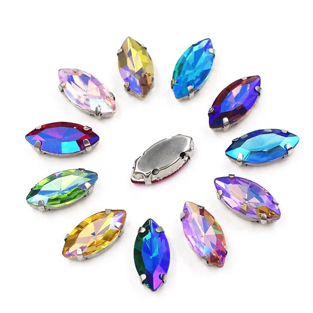 AB Color Crystal Glass Rhinestones 7*15mm DIY Jewelry Drop 3D Sew-On Technique Silver/Gold Claw for Horse Eye Shape