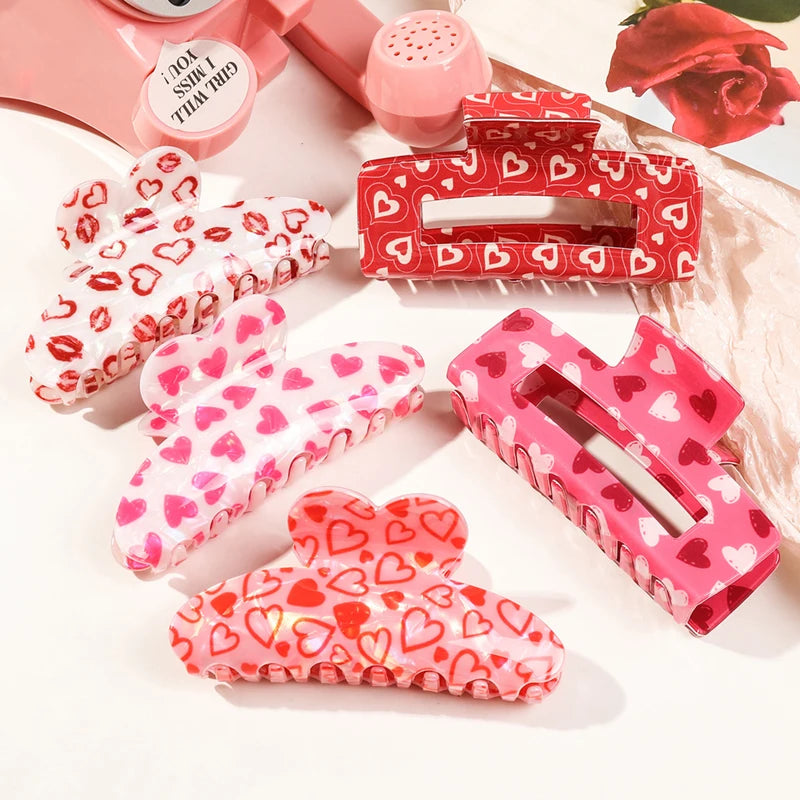 Fashion Valentine's Day Hollow Square Hair Claws Rectangular Love Heart Hair Accessories Cute Large Pink Girls Hair Claw Clips