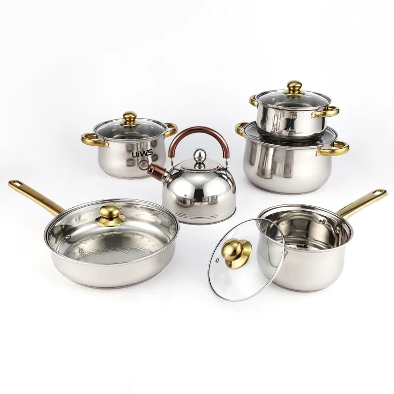 Stainless Steel Cookware Set Five Layer Steel Double Bottom Cooking Pot Set 12Pcs Pots and Pans Set