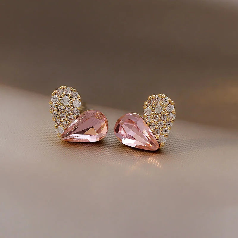 Pink Diamond Love 925 Silver Needle Earrings Simple Heart-Shaped Small Metal Ins Earrings Crystal Female Earrings