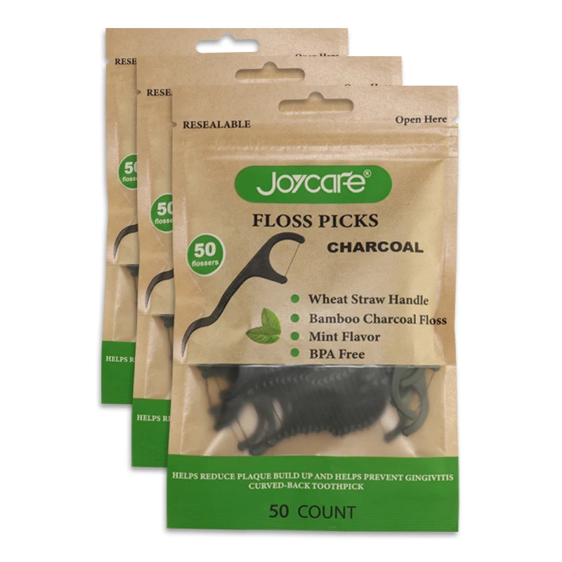 Vegan Dental Flosser Bamboo Charcoal Wheat Straw Handle for Teeth Cleaning